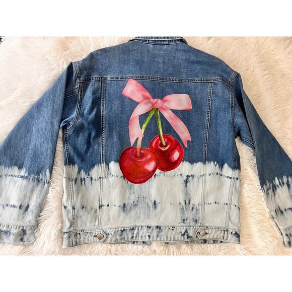 L.T.J. Letter to Juliet Dip Dye Pink Bow Cherries Denim Jean Jacket Size Small - Picture 3 of 8